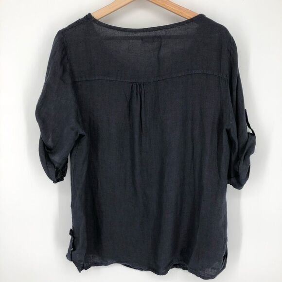 Lina Tomei Embroidered Top Womens Large Blue 100% Linen Floral Roll Tab Sleeves - Picture 9 of 13